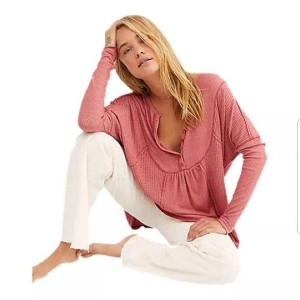 New Free People Oversized Babydoll Waffle Knit Leo Henley Top Rose XS Romantic